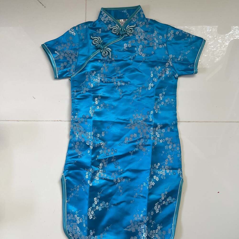 Blue Floral Satin Cheongsam Qipao Dress Size 6 in Children